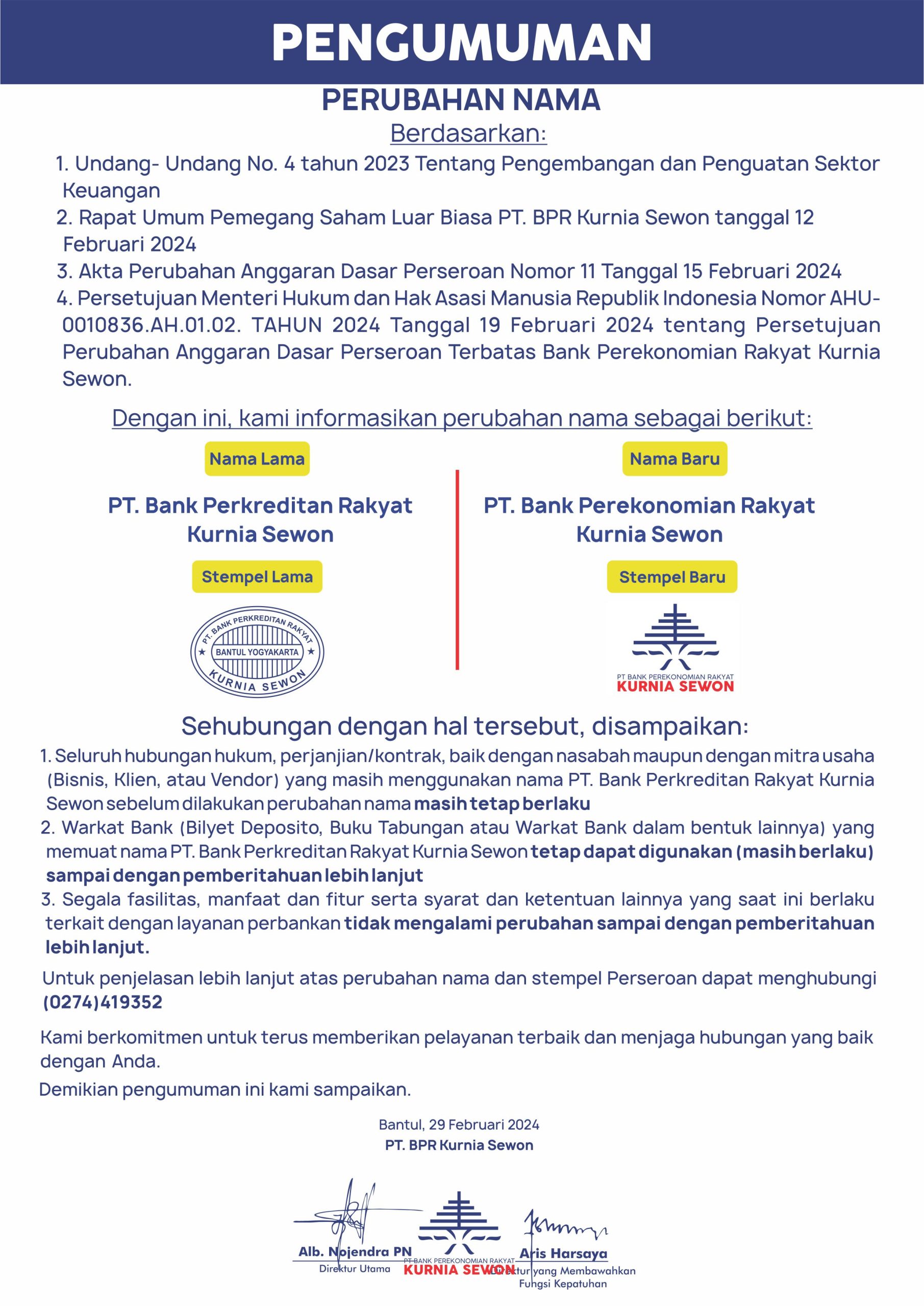 Pengumuman - BPR Kurnia Sewon